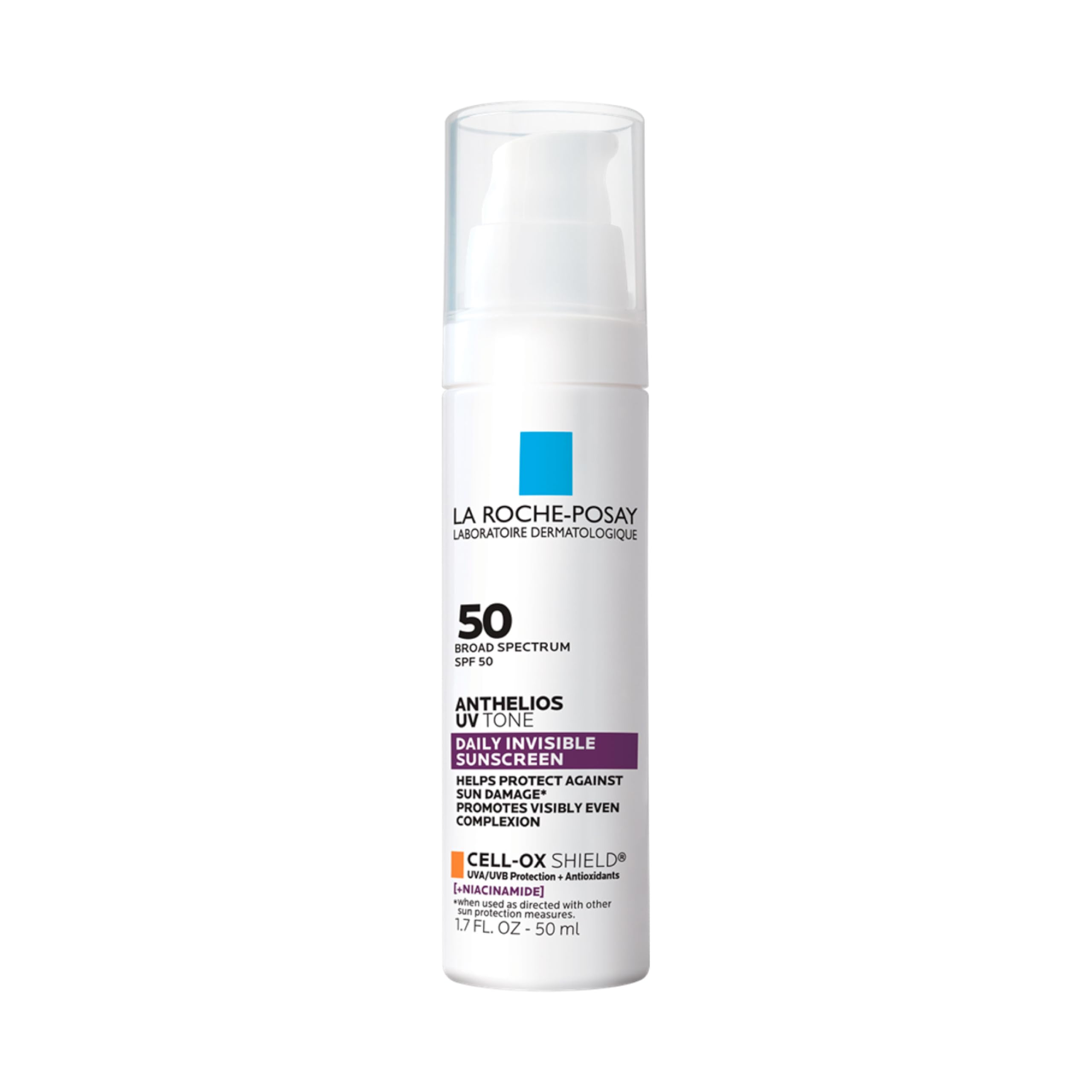 La Roche-Posay Anthelios UV Tone sunscreen bottle provides invisible SPF50 protection for all skin tones.