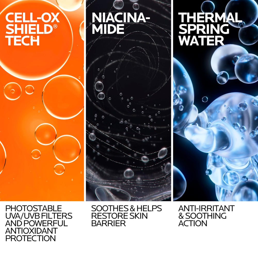 La Roche-Posay Anthelios UV Tone sunscreen label close-up shows SPF50 and Niacinamide for even tone.