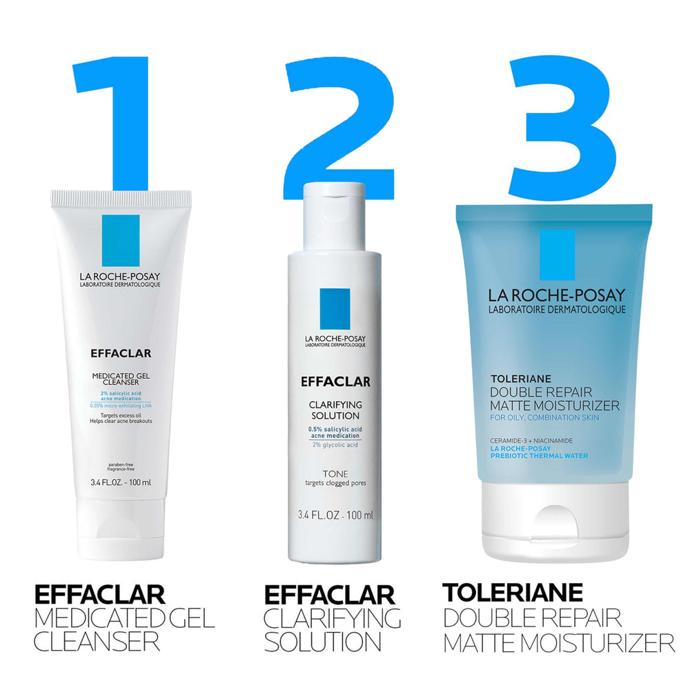 La Roche-Posay Effaclar 3-step routine on bathroom shelf for daily use