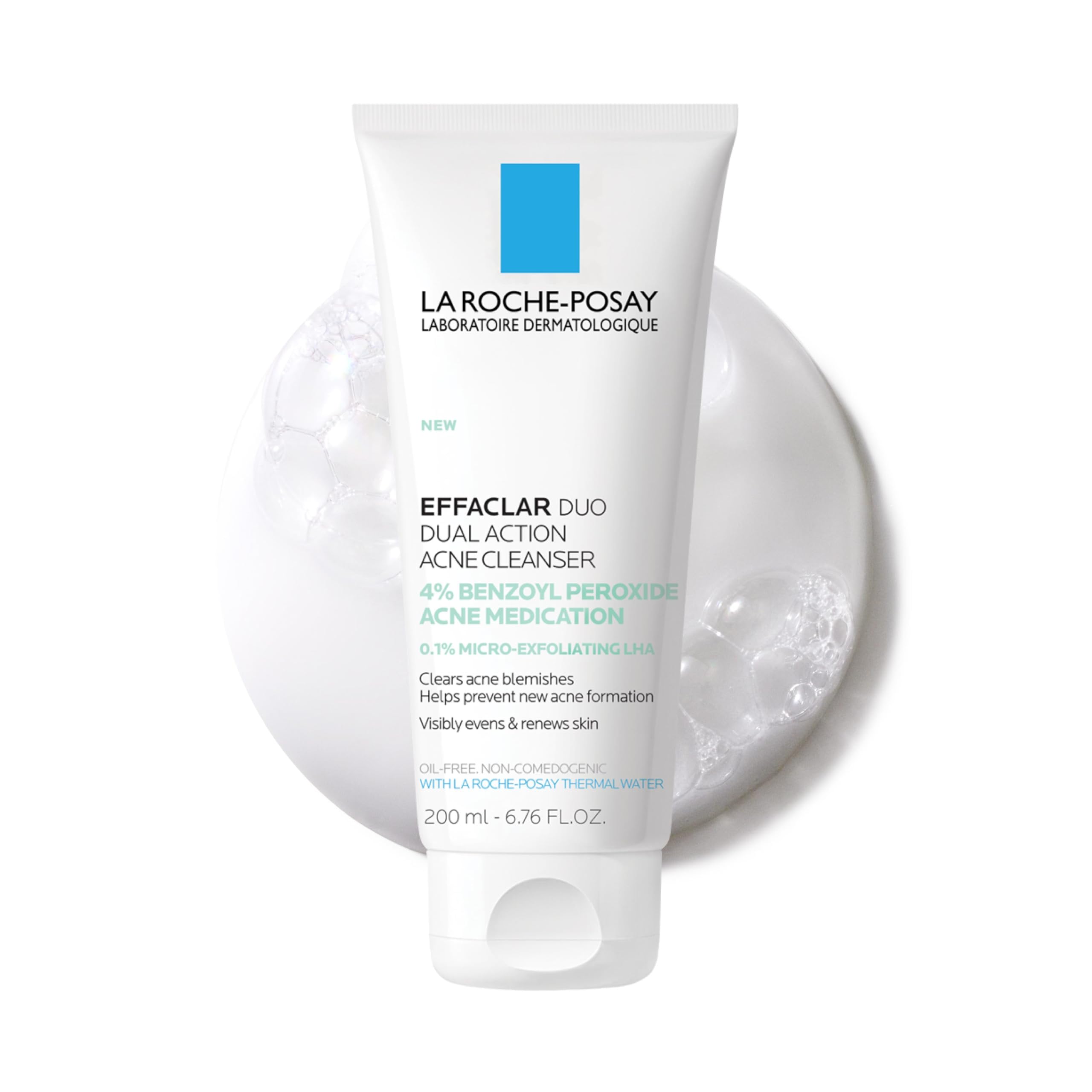 La Roche-Posay Effaclar Dual Acne Wash bottle on a bathroom sink, ready for daily use.