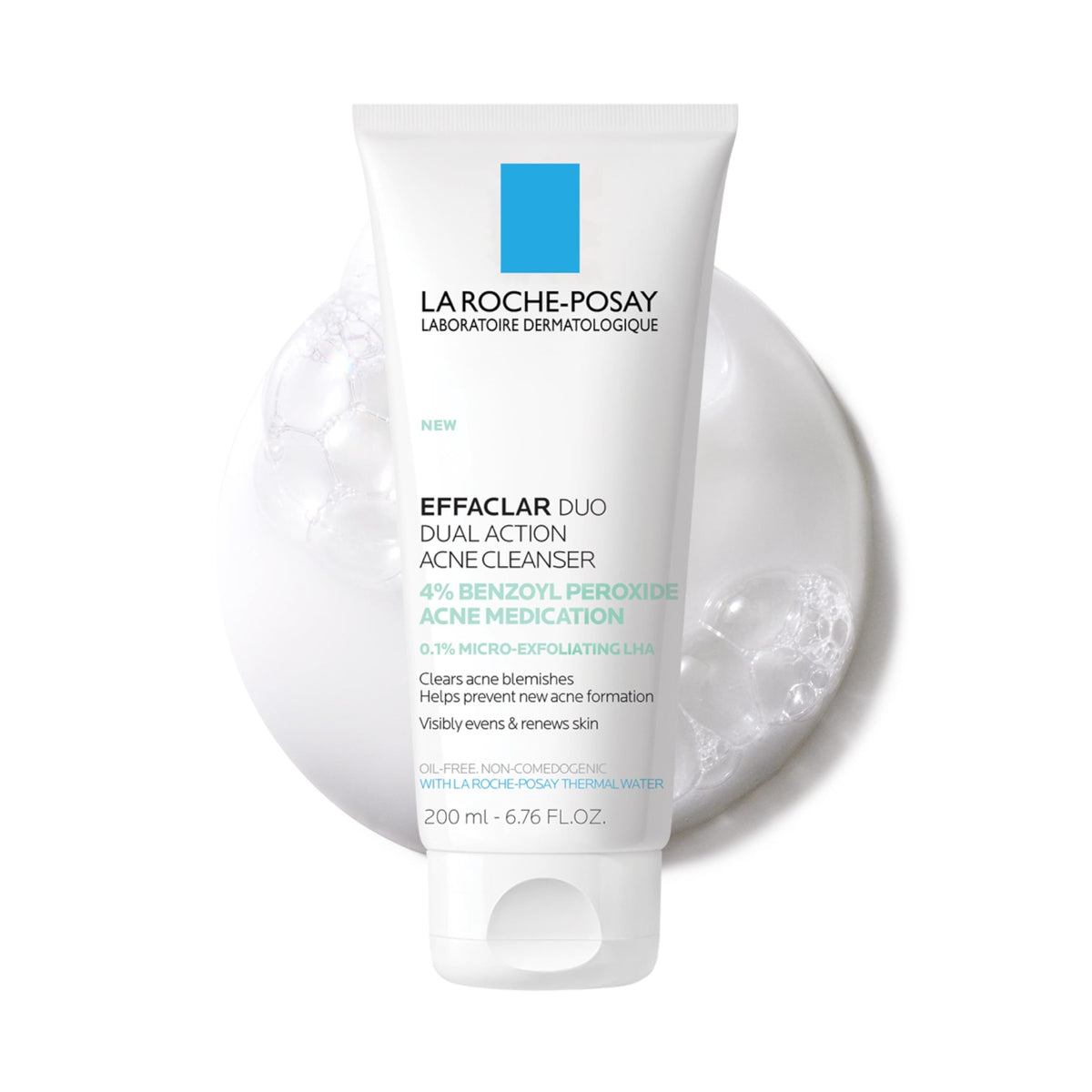 La Roche-Posay Effaclar Dual Acne Wash bottle on a bathroom sink, ready for daily use.