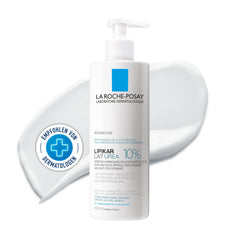 La Roche-Posay Lipikar Urea 10% lotion bottle promotes smoothing of rough skin.