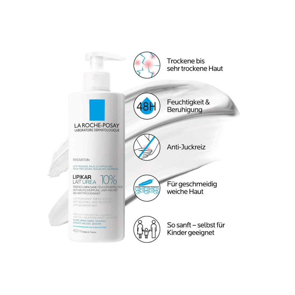 Lipikar Urea 10% texture close-up shows exfoliation and hydration.
