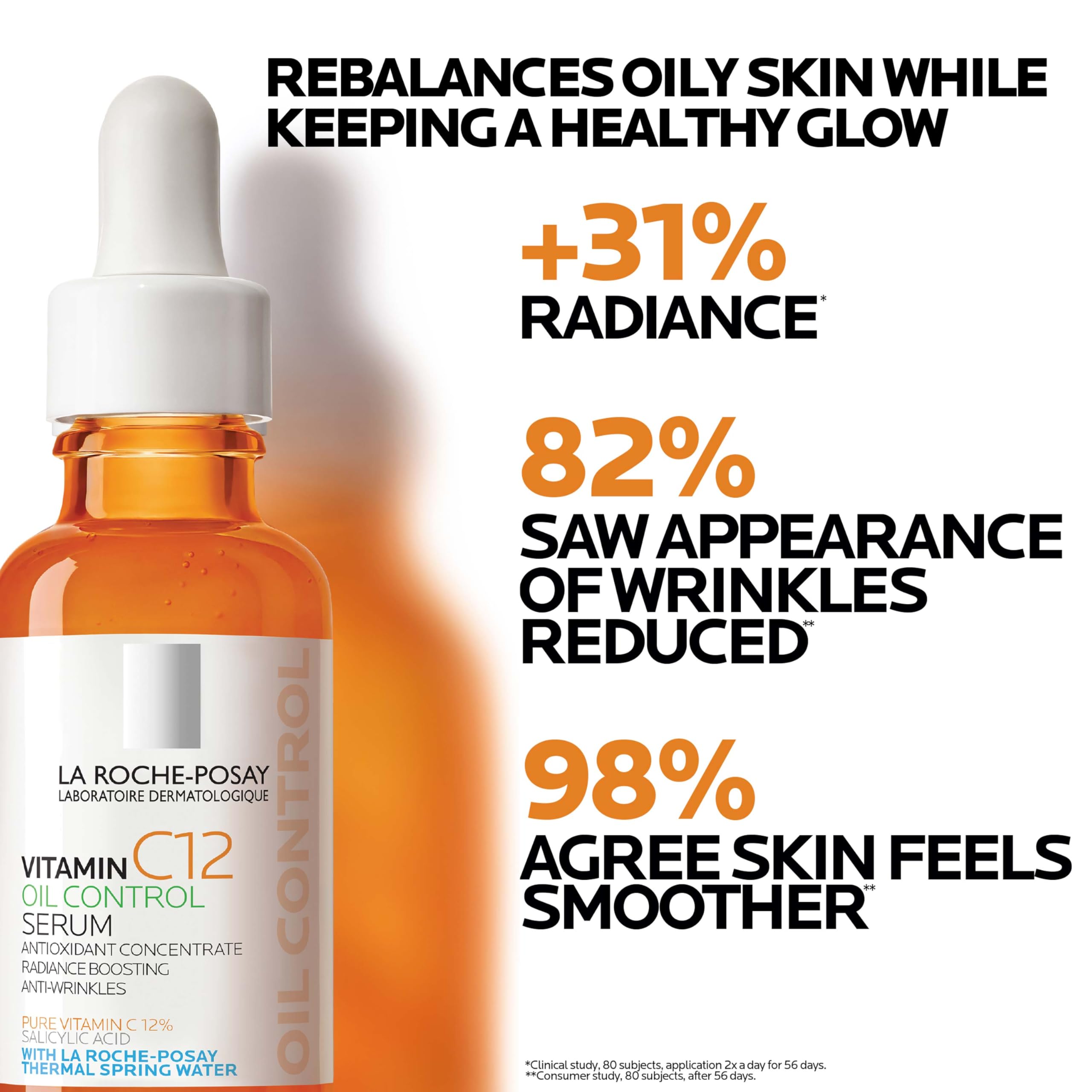 Radiance enhancement shown by La Roche-Posay Pure 12% Vitamin C Serum.