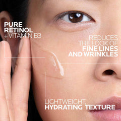 Close-up emphasizes ingredients retinol and hyaluronic acid for plumping and moisture