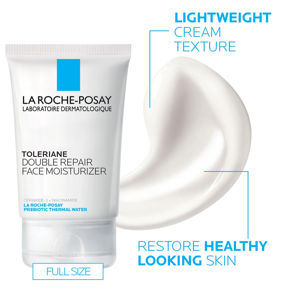 La Roche-Posay Toleraine travel-size set displayed on a bathroom shelf