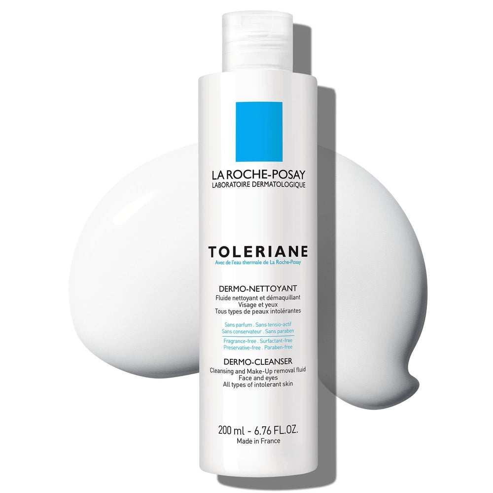 La Roche-Posay Toleriane cleanser bottle pour for gentle makeup removal on sensitive skin.