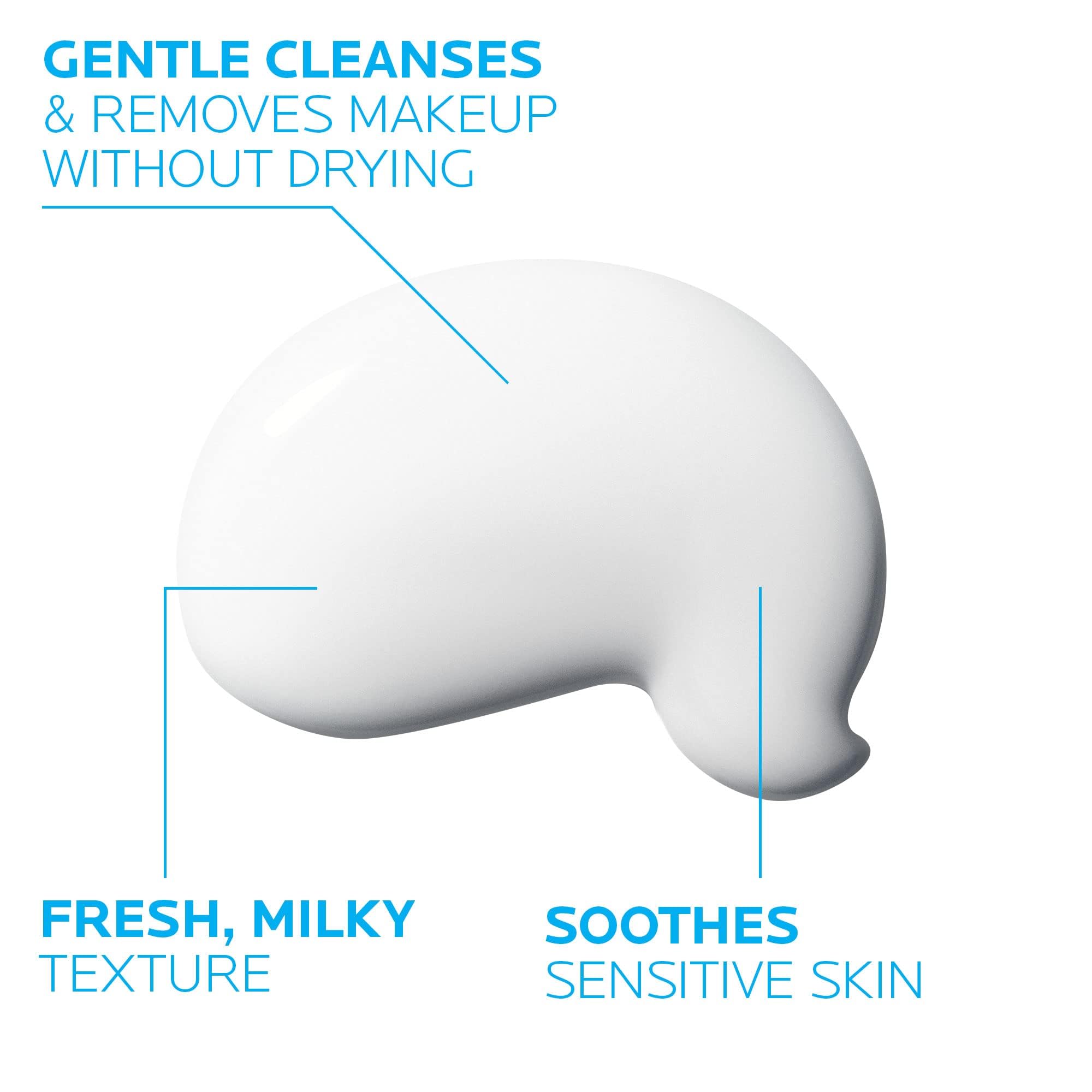 Cotton pad removing makeup with La Roche-Posay Toleriane cleanser near eye area.