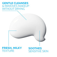 Cotton pad removing makeup with La Roche-Posay Toleriane cleanser near eye area.