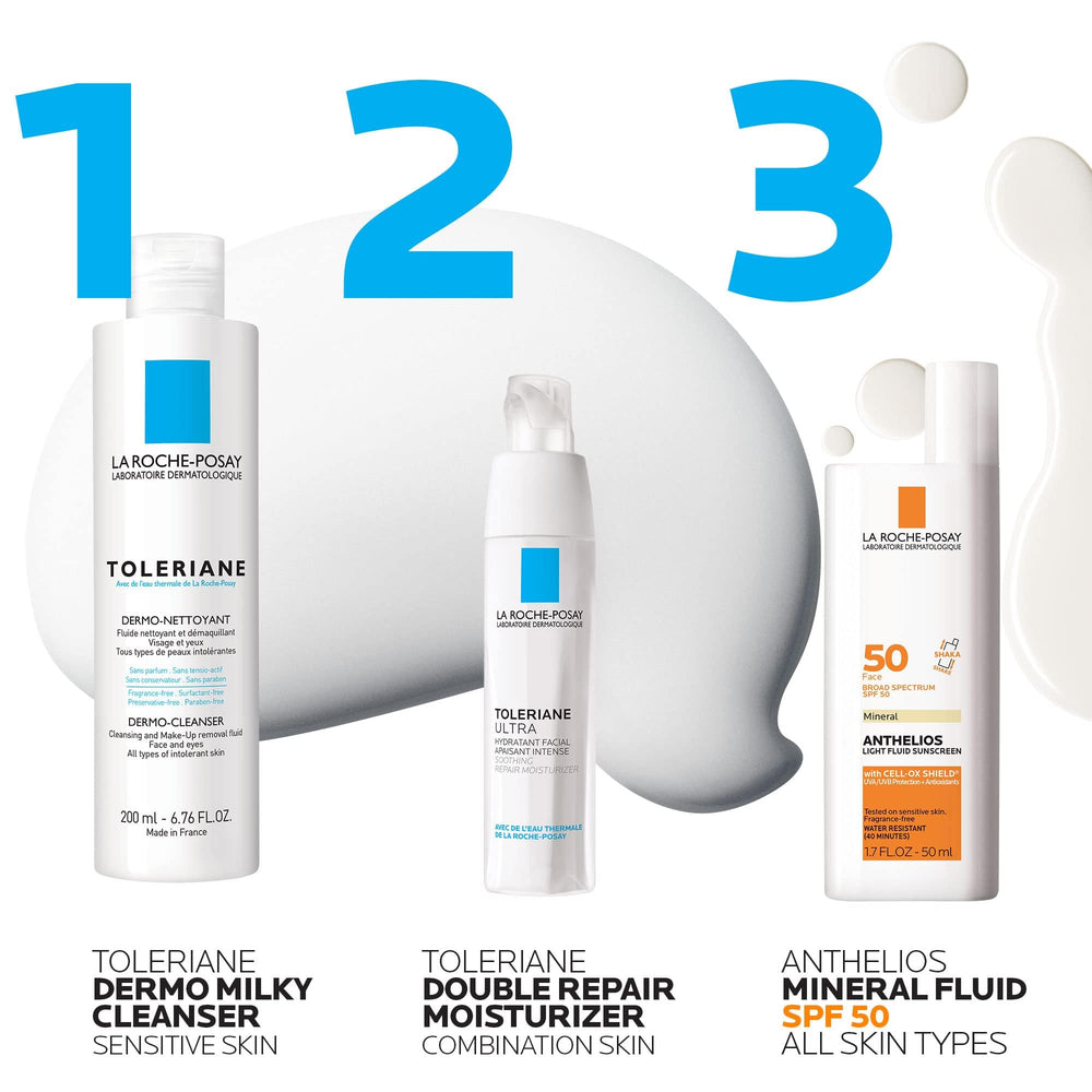 Sensitive-skin friendly La Roche-Posay Toleriane cleanser after-care glow.
