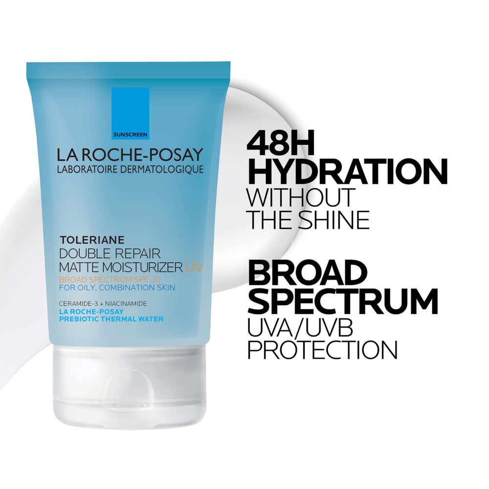 La Roche-Posay Toleriane Double Repair Matte SPF 30 sunscreen application demonstrating UV protection.