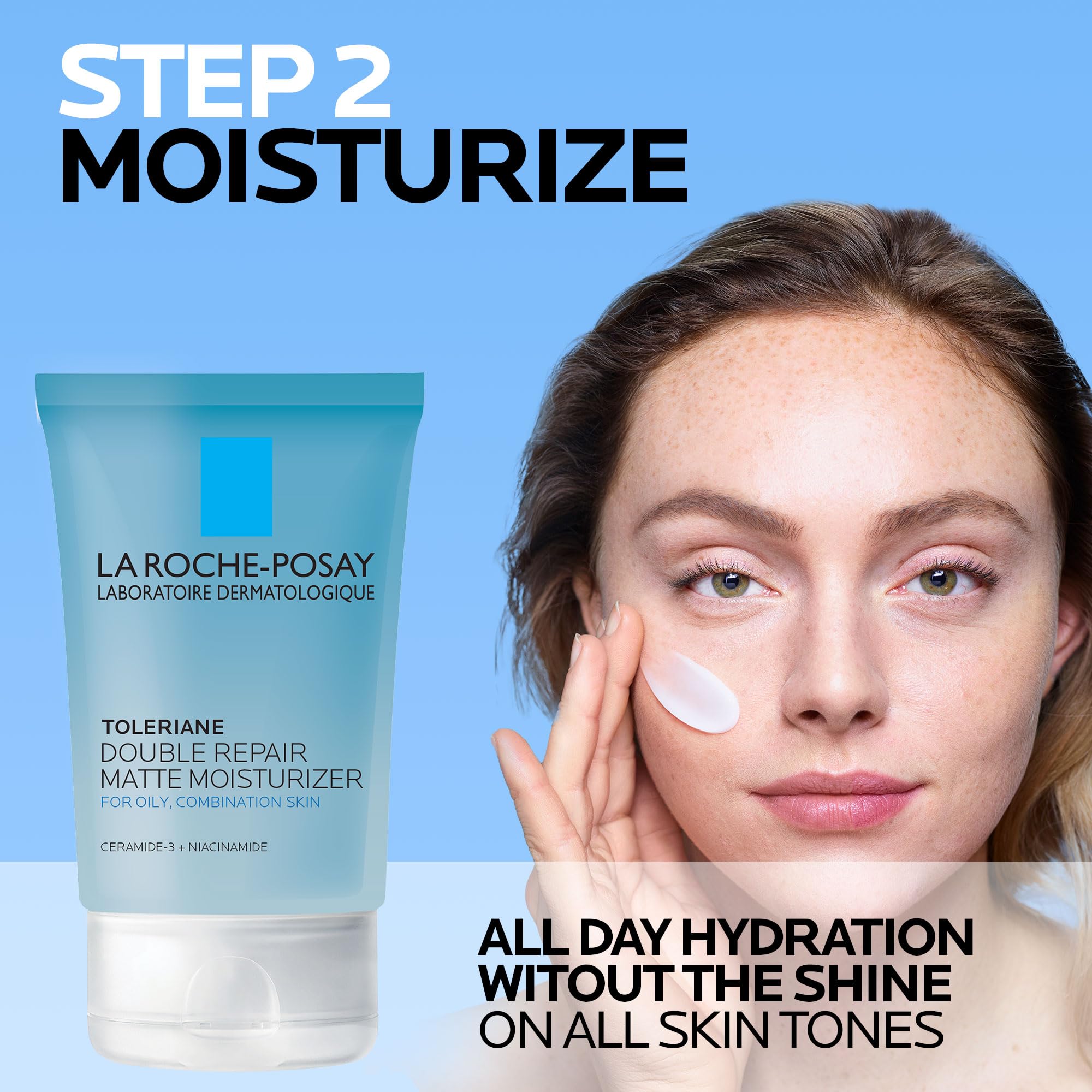 La Roche-Posay Toleriane Double Repair Matte moisturizer texture swatch with soothing niacinamide.
