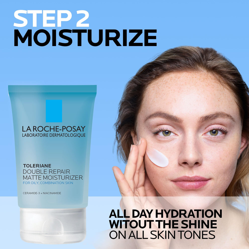 La Roche-Posay Toleriane Double Repair Matte moisturizer texture swatch with soothing niacinamide.