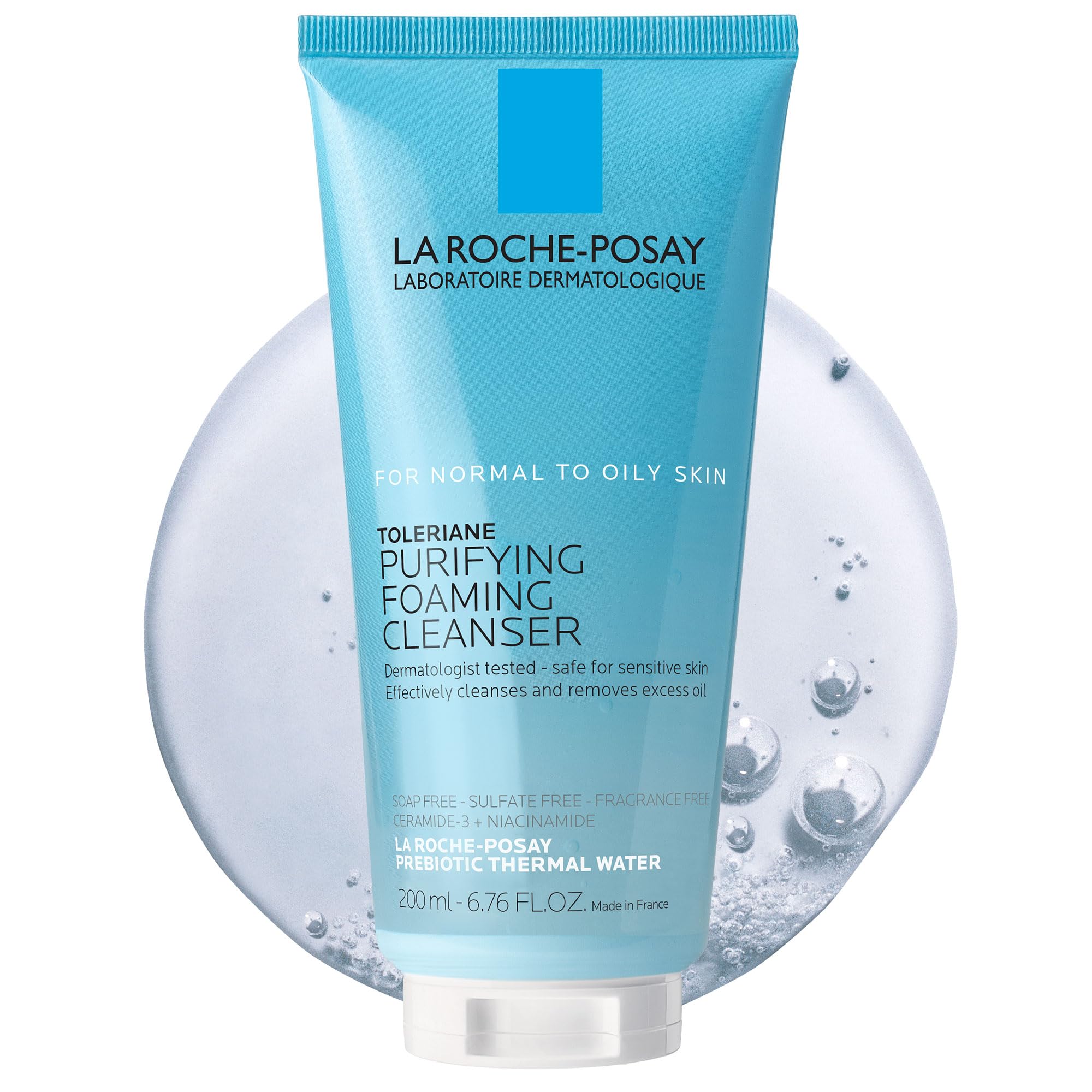 La Roche-Posay Toleriane purificante en botella con espuma suave para piel sensible.