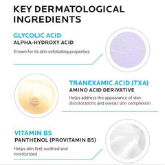 Tranexamic acid label highlighting gentle skin tone evening effect.