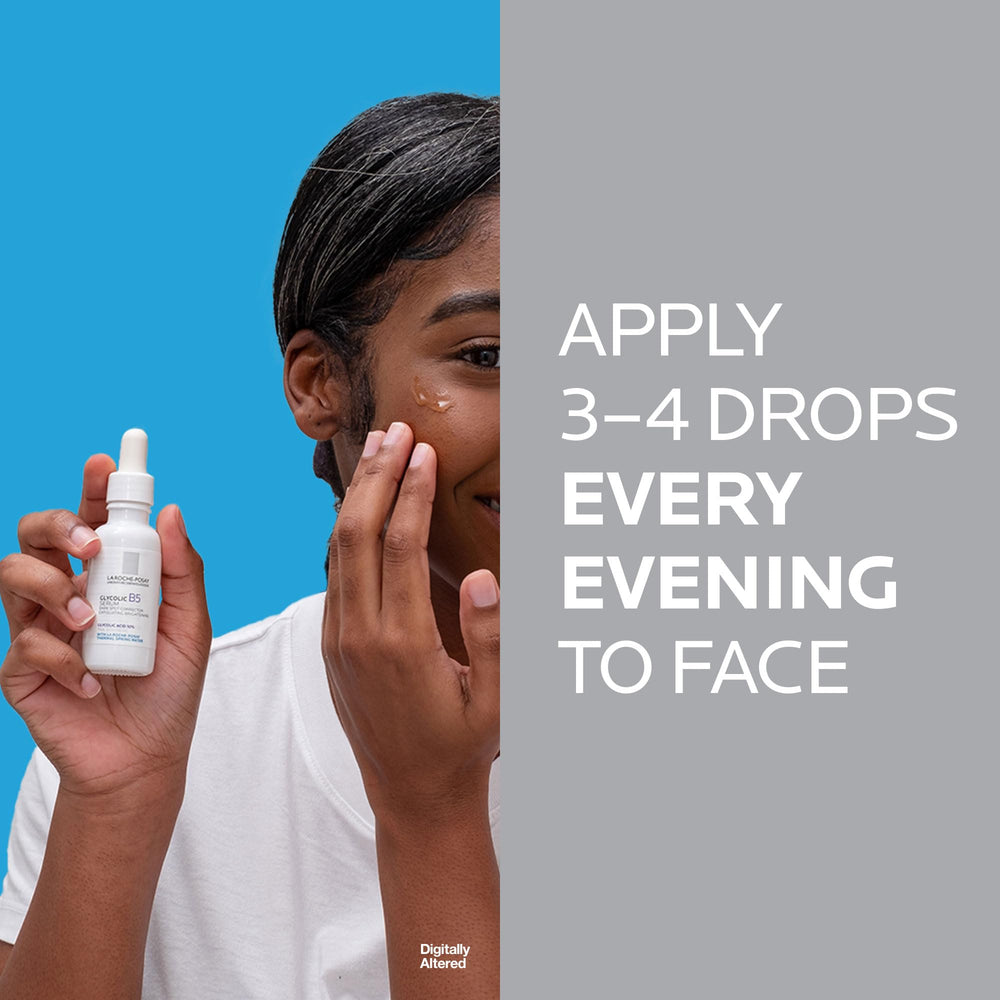 Clear, lightweight serum texture visible with vitamin B5 label.
