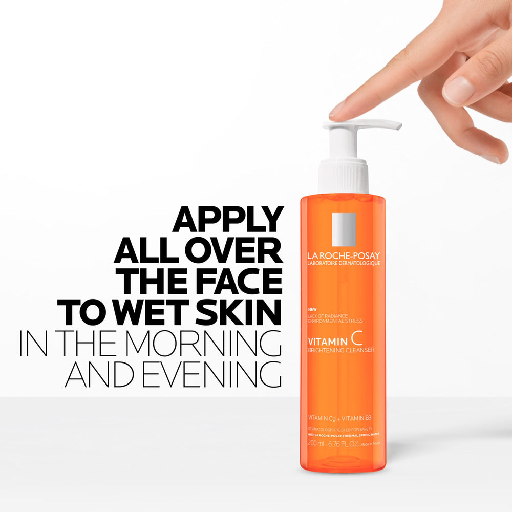 La Roche-Posay Vitamin C Brightening Face Wash packaging detail — sleek dermatologist-tested design.