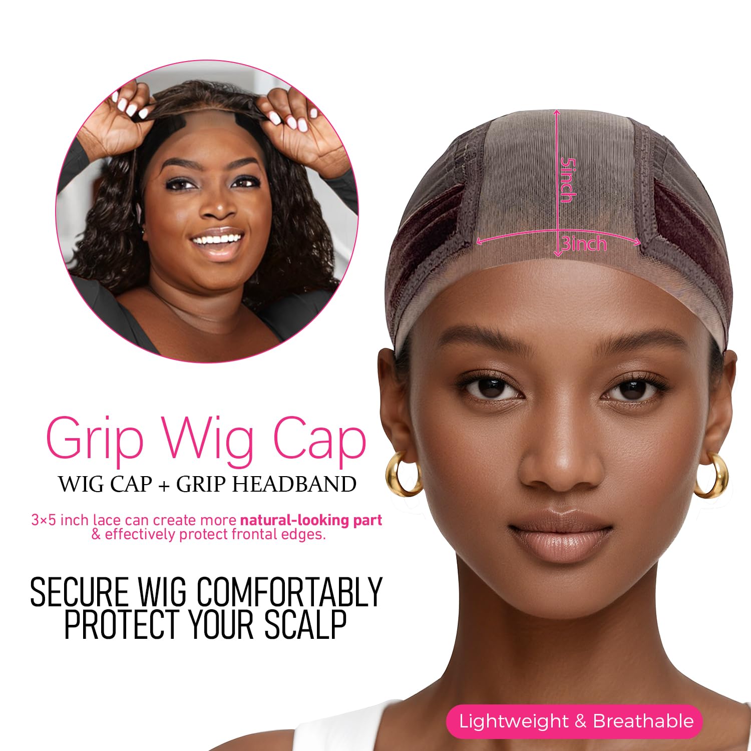 Labhairs cap worn under a wig highlights breathable, cool comfort.