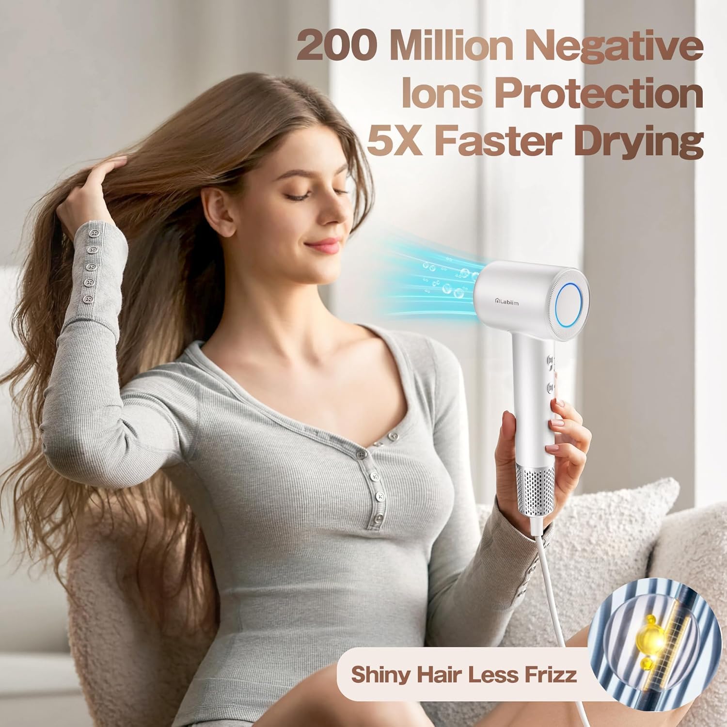 Labiim negative ion technology reduces frizz and boosts shine.