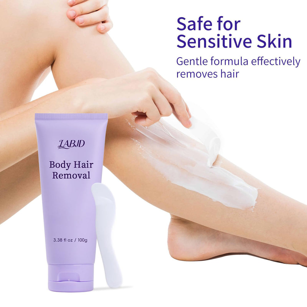 LABJD hair removal cream packaging shows neutral formula and convenience.