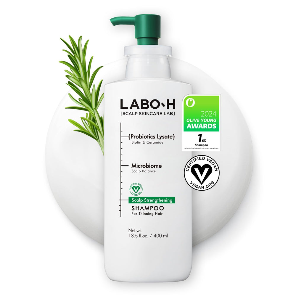 LABO-H Scalp Strengthening Shampoo bottle view highlights premium vegan formula for daily care