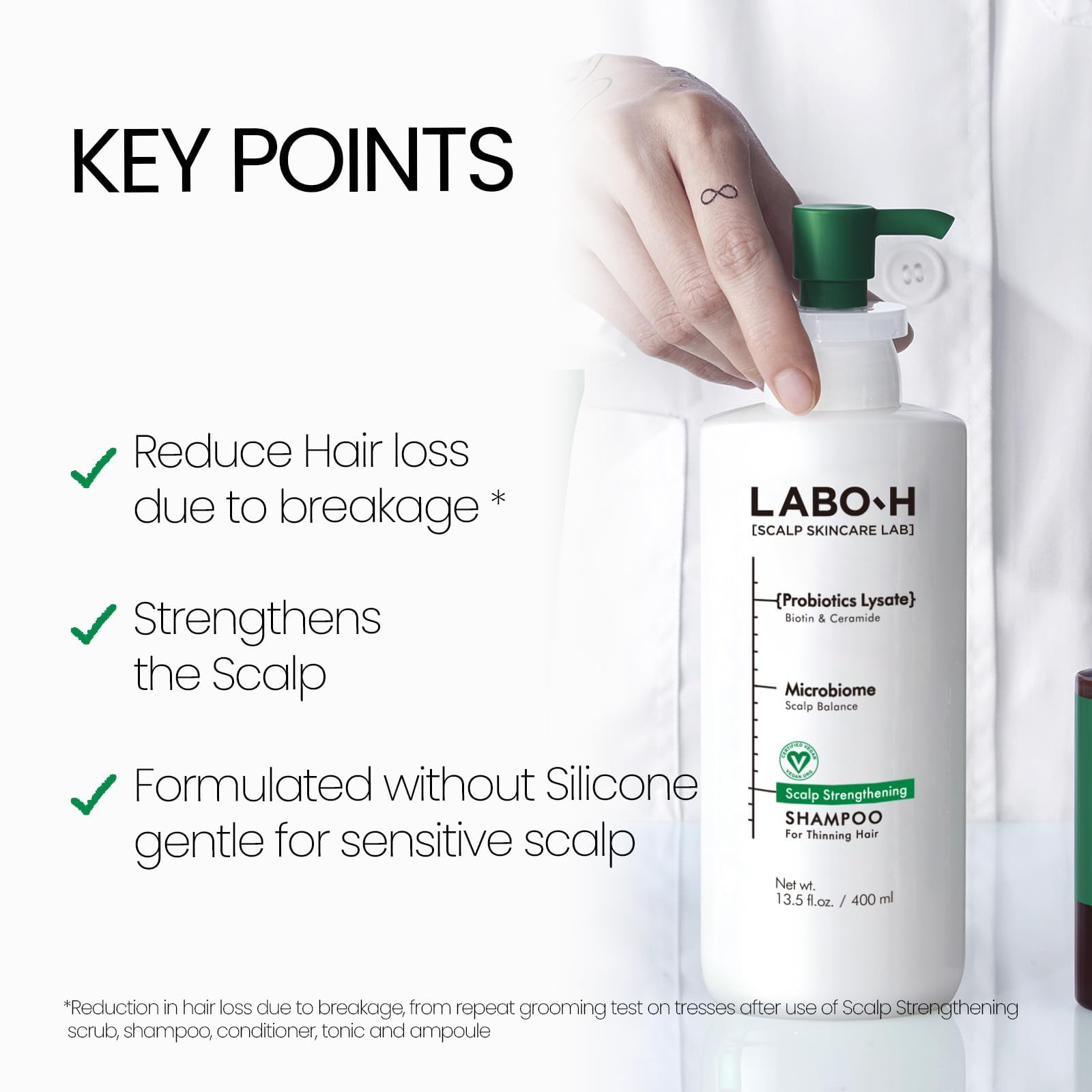 LABO-H Scalp Strengthening Shampoo label closeup shows vegan, paraben-free ingredients