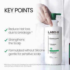 LABO-H Scalp Strengthening Shampoo label closeup shows vegan, paraben-free ingredients
