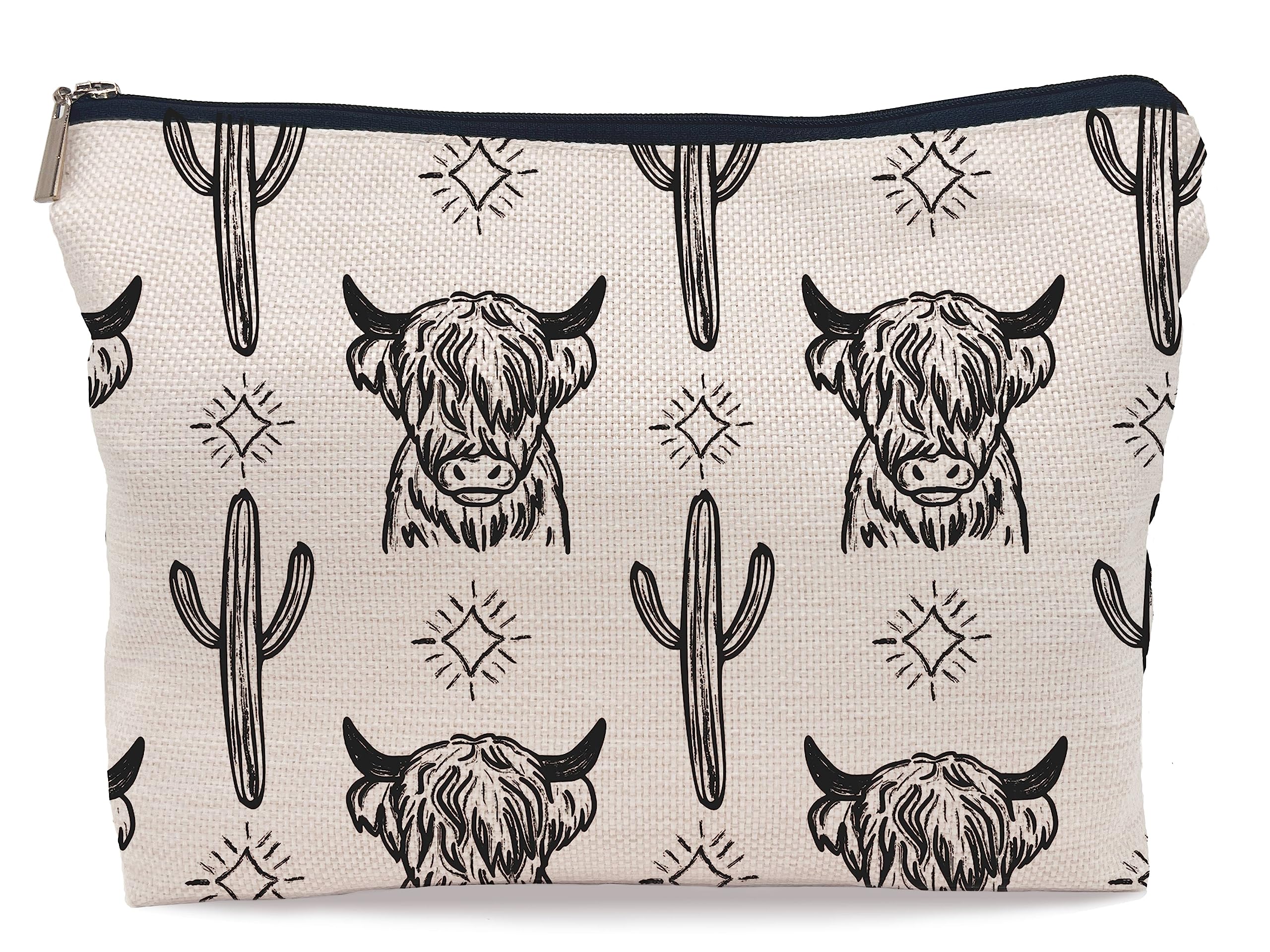 Lacosu Western Cow makeup bag front view shows a stylish western motif and durable exterior.