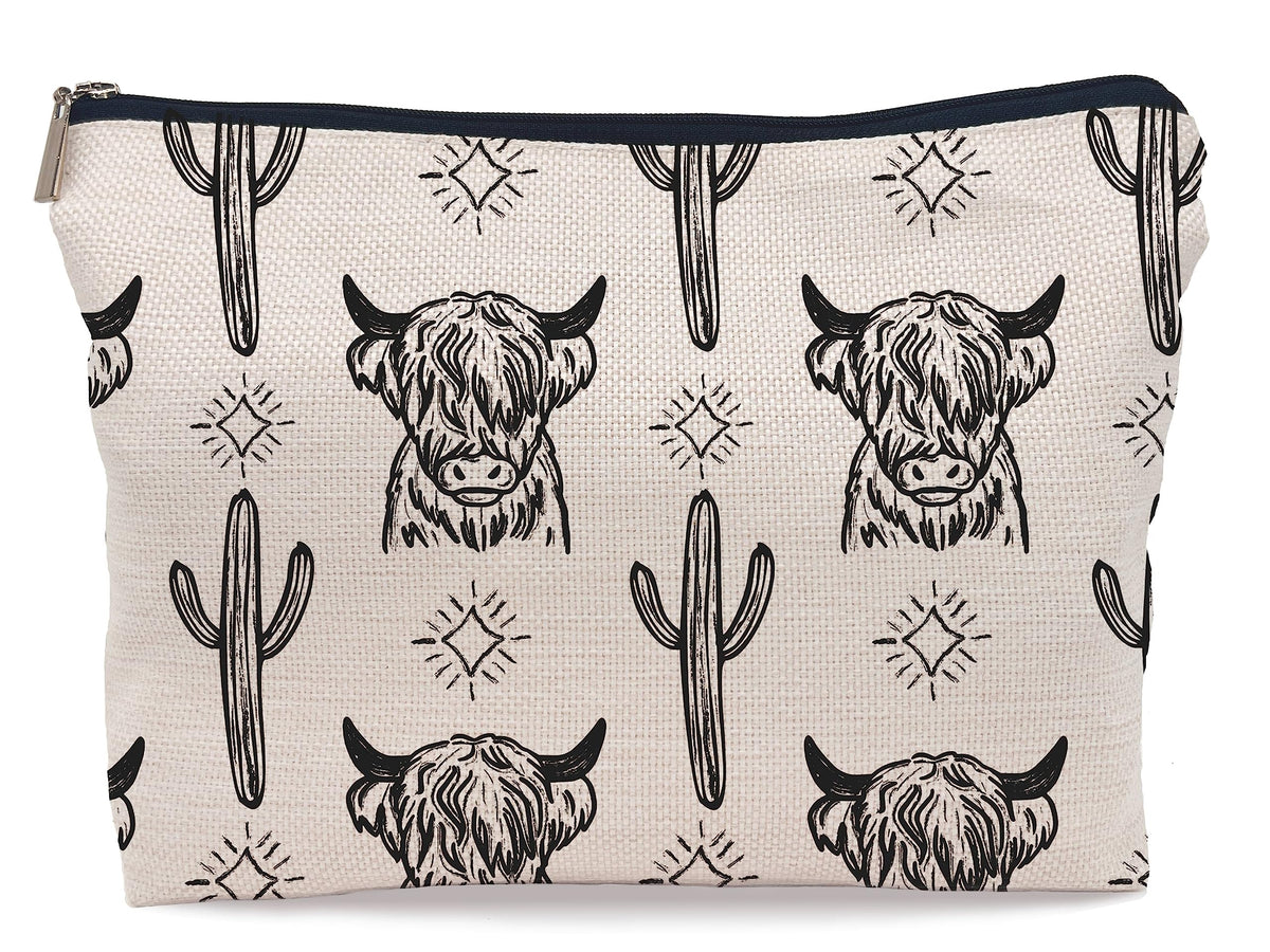 Lacosu Western Cow makeup bag front view shows a stylish western motif and durable exterior.