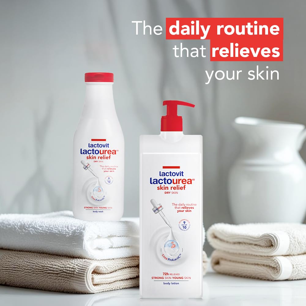 Lactovit Lactourea, etiqueta dermatólogo destacando la recomendación para piel seca.