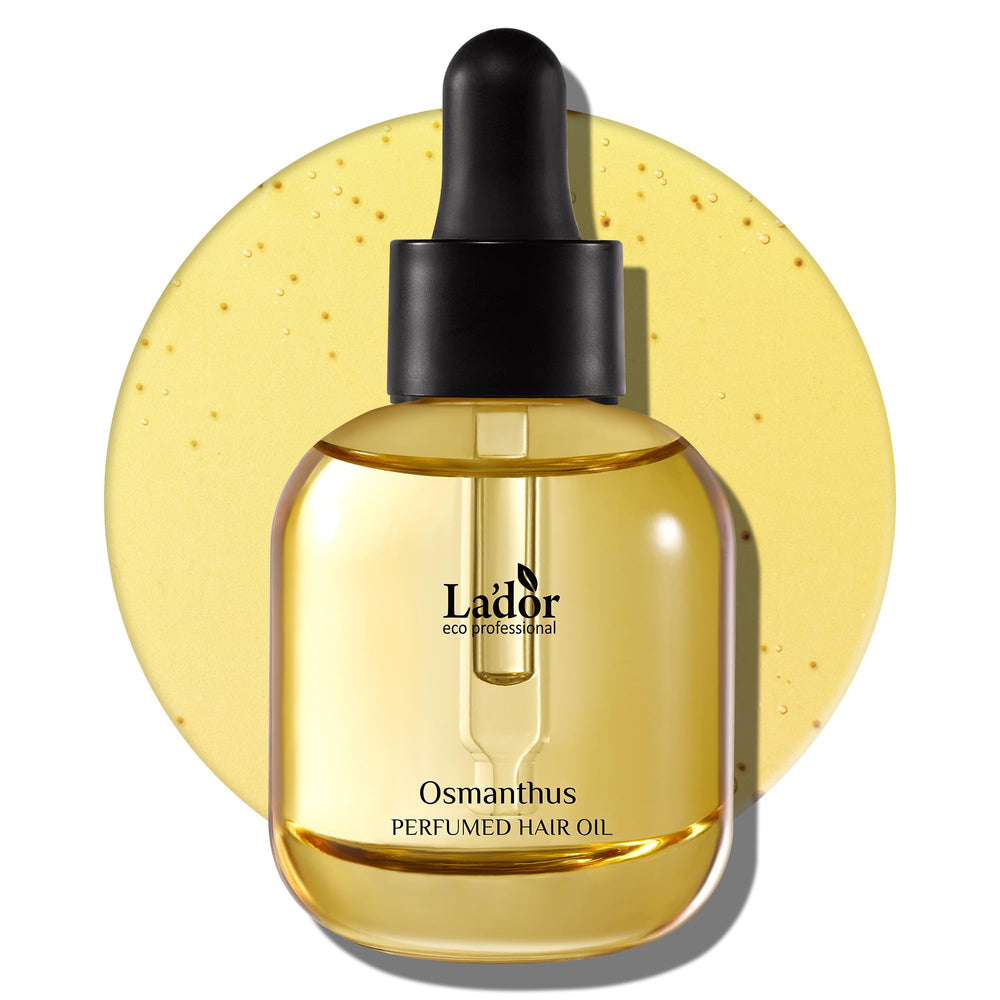 LA'DOR Aceite Perfume Cabello Osmanthus, botella elegante con brillo suave.