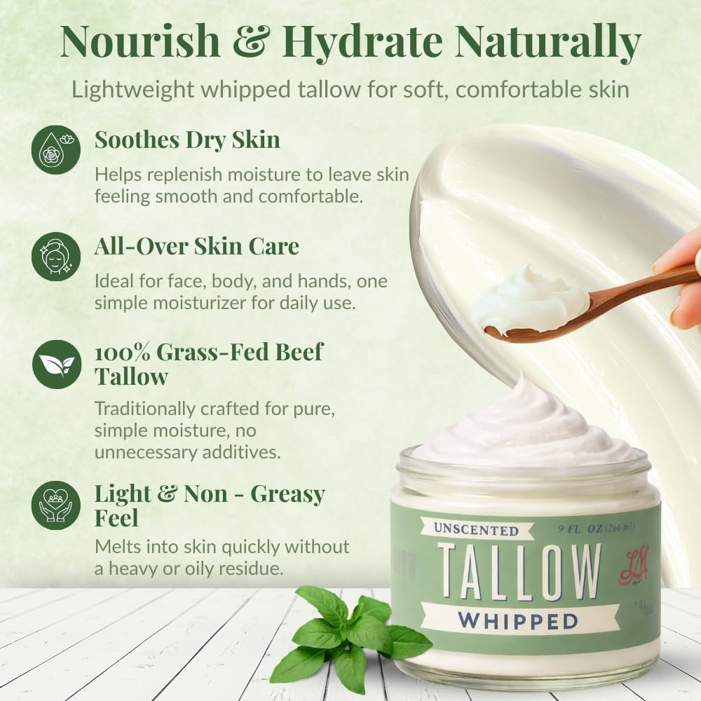 Lady May Tallow body moisturizer for arms, legs, and all-over nourishment.