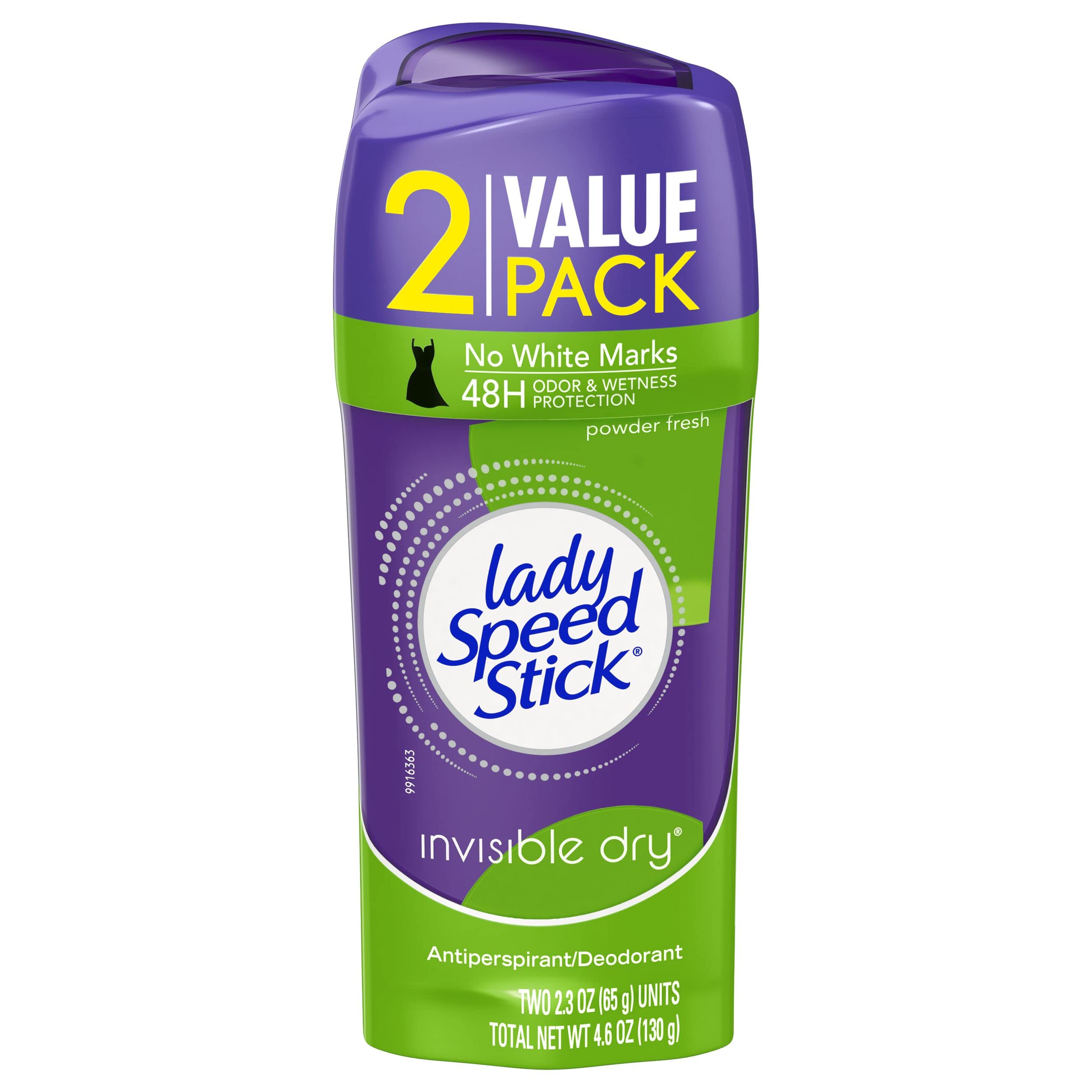 Lady Speed Stick invisible dry twin-pack with powder-fresh formula for all-day confidence.