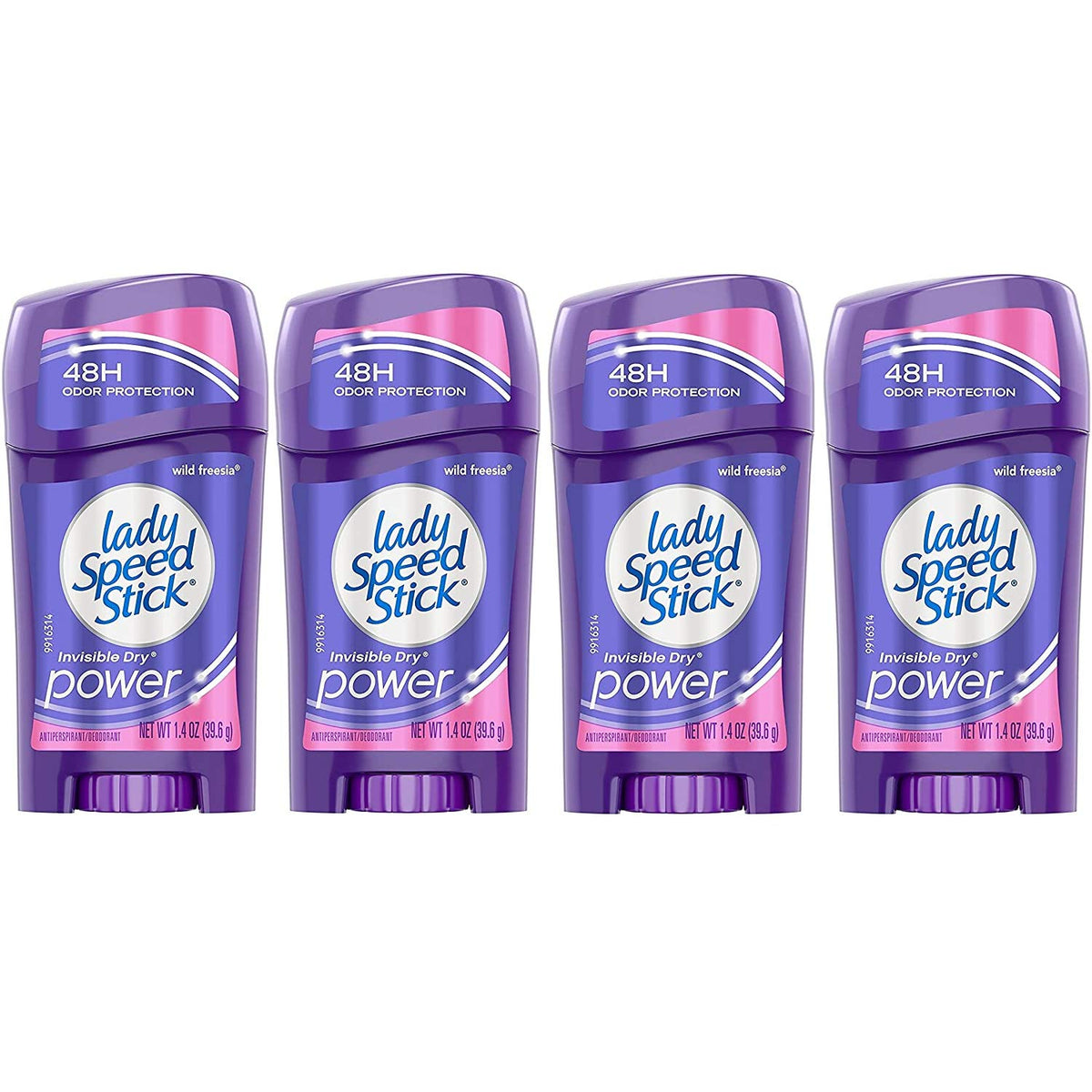 Lady Speed Stick Invisible Dry Wild Freesia pack of 4 for 24-hour freshness.