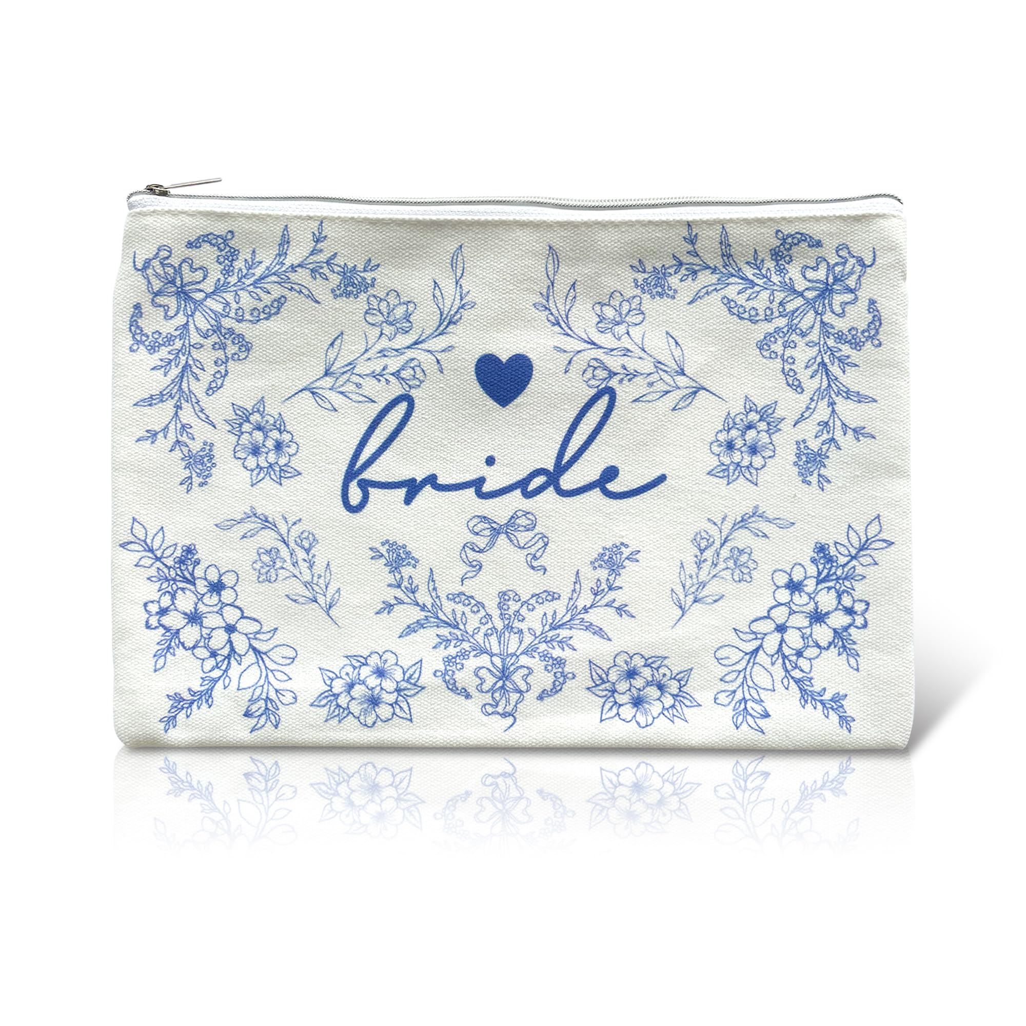 LADY&HOME Bride makeup bag with blue pattern and metal zipper, ideal for wedding day essentials.