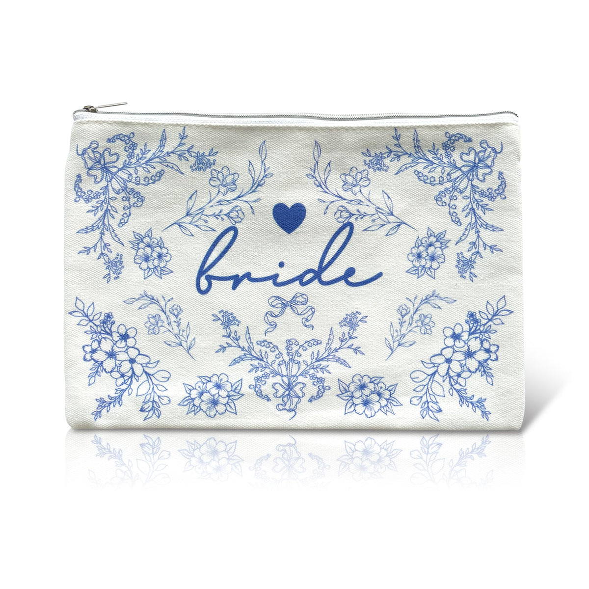 LADY&HOME Bride makeup bag with blue pattern and metal zipper, ideal for wedding day essentials.