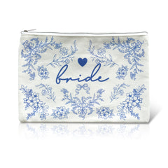 LADY&HOME Bride makeup bag with blue pattern and metal zipper, ideal for wedding day essentials.