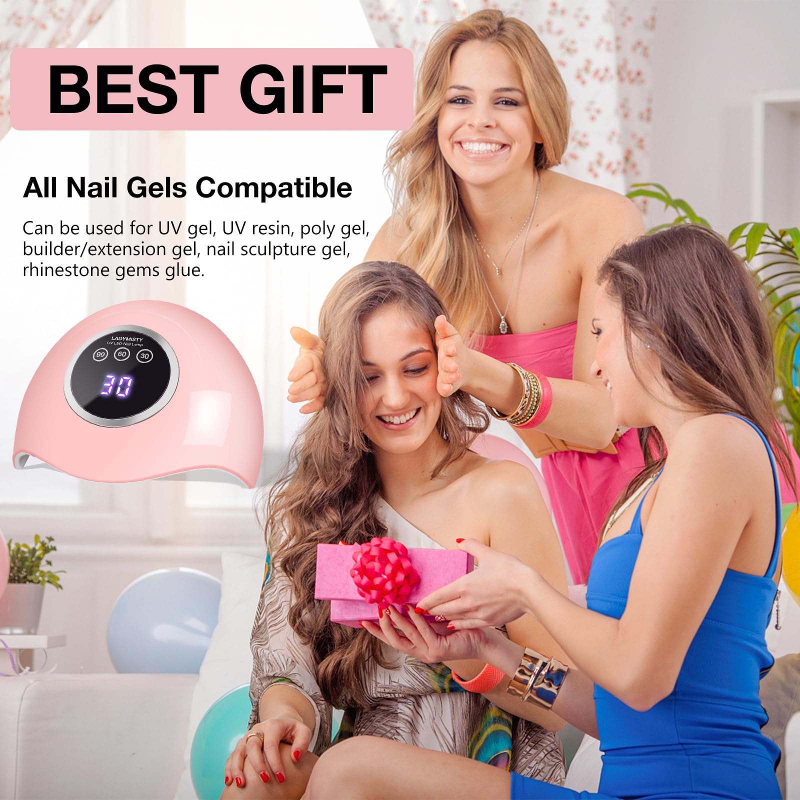 LadyMisty 72W UV LED nail lamp compatible with base, color, and top coats.