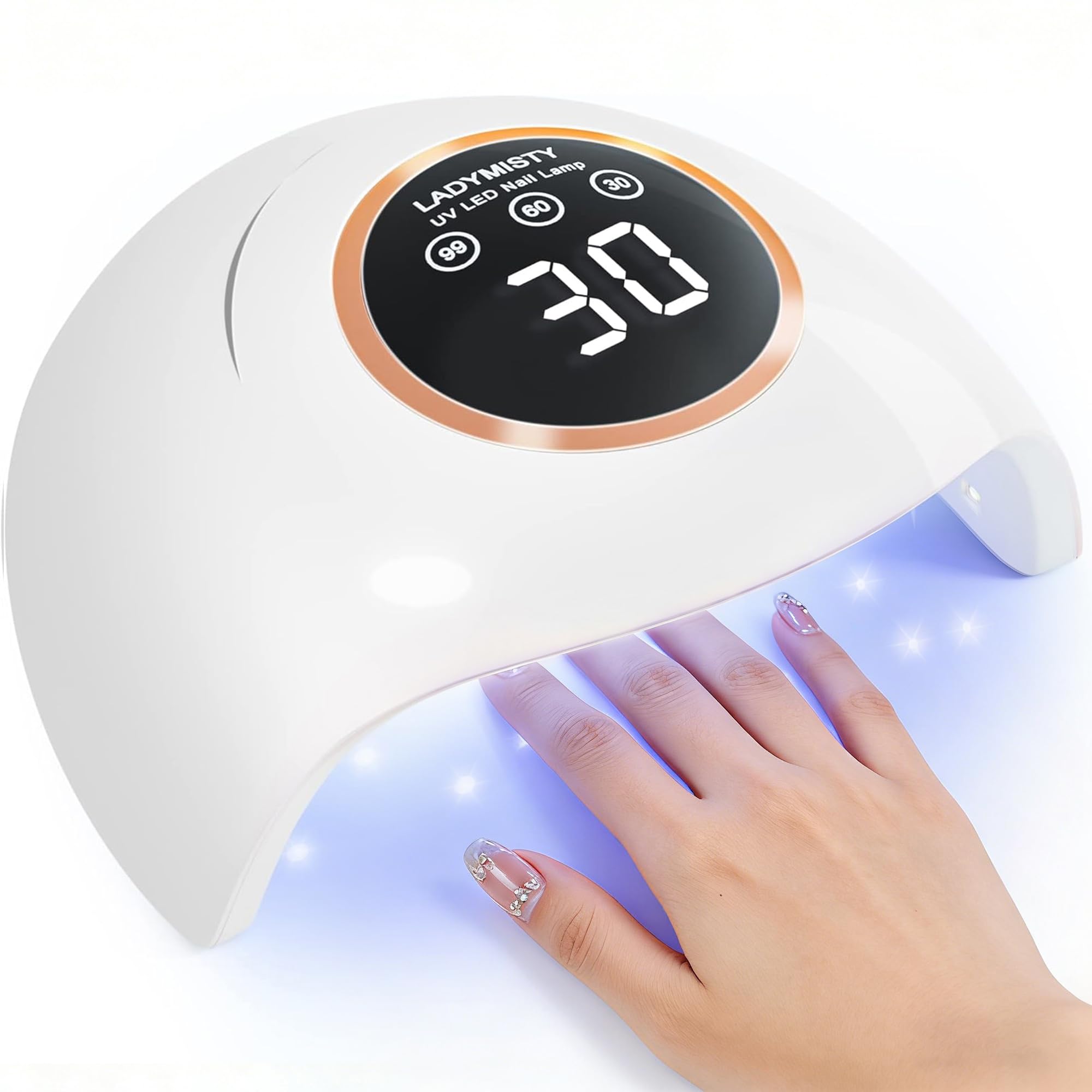 LadyMisty 72W UV LED Nail Lamp with top bead layout for even gel curing at home.
