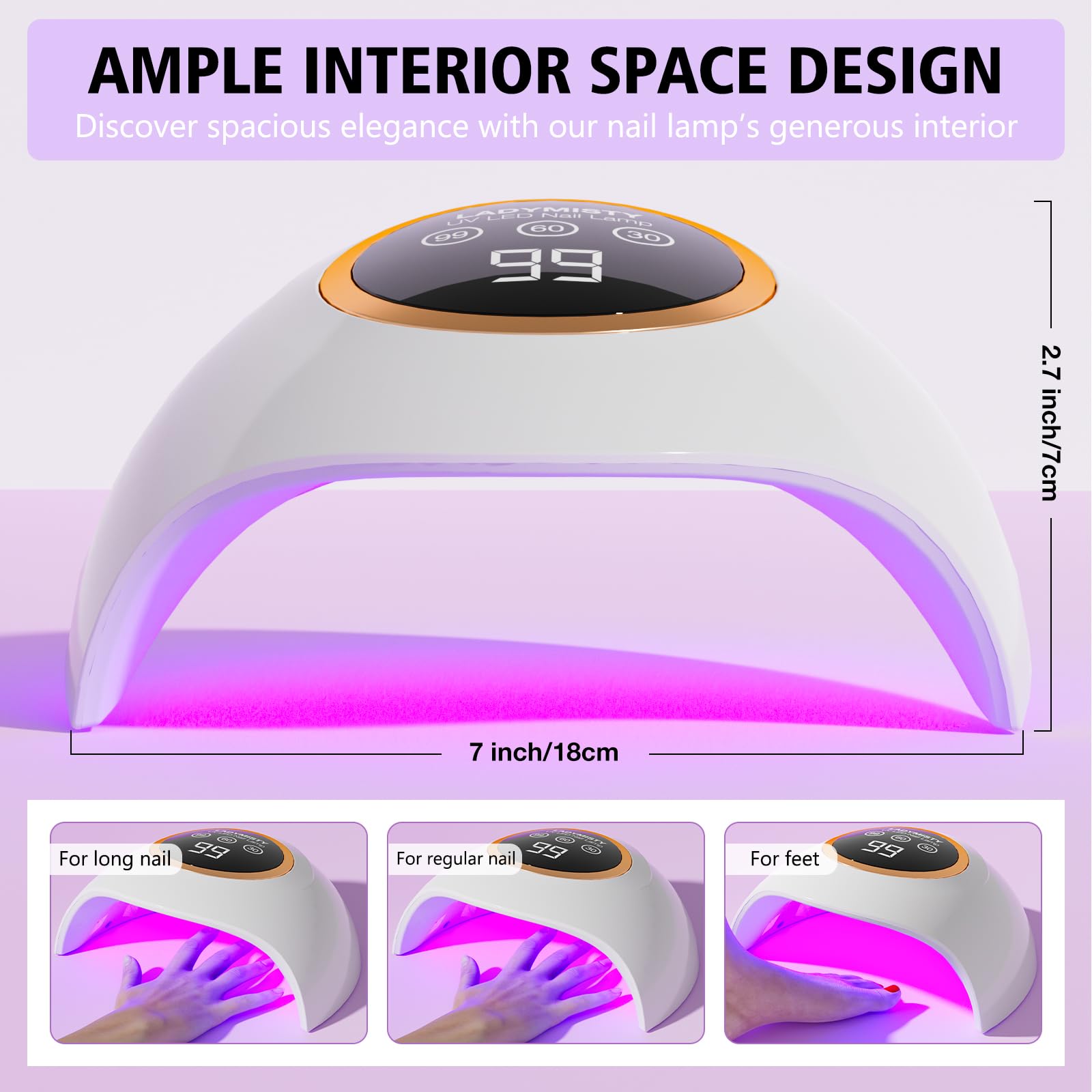 LadyMisty nail lamp auto-sensor activates hands-free curing for convenience.