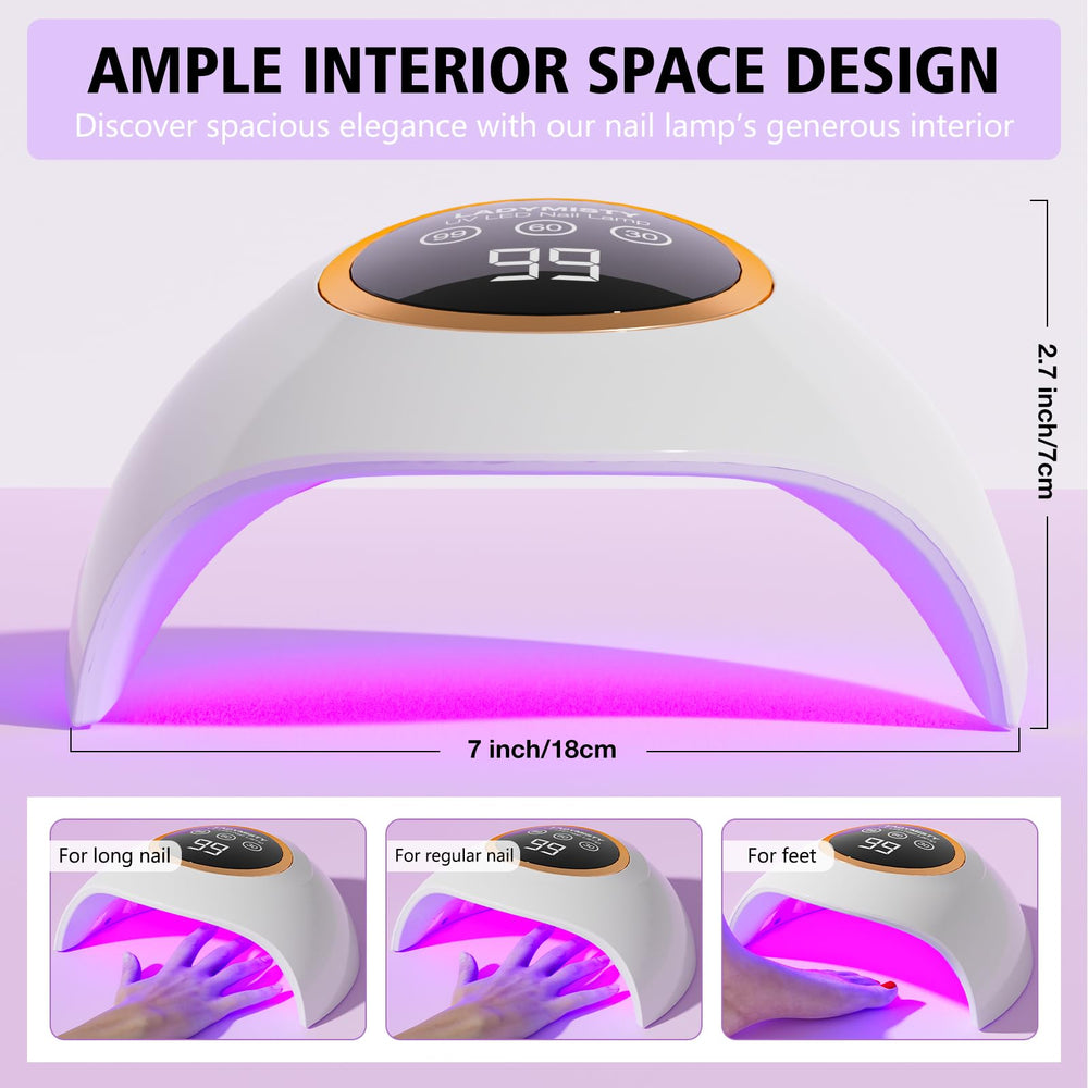 LadyMisty nail lamp auto-sensor activates hands-free curing for convenience.