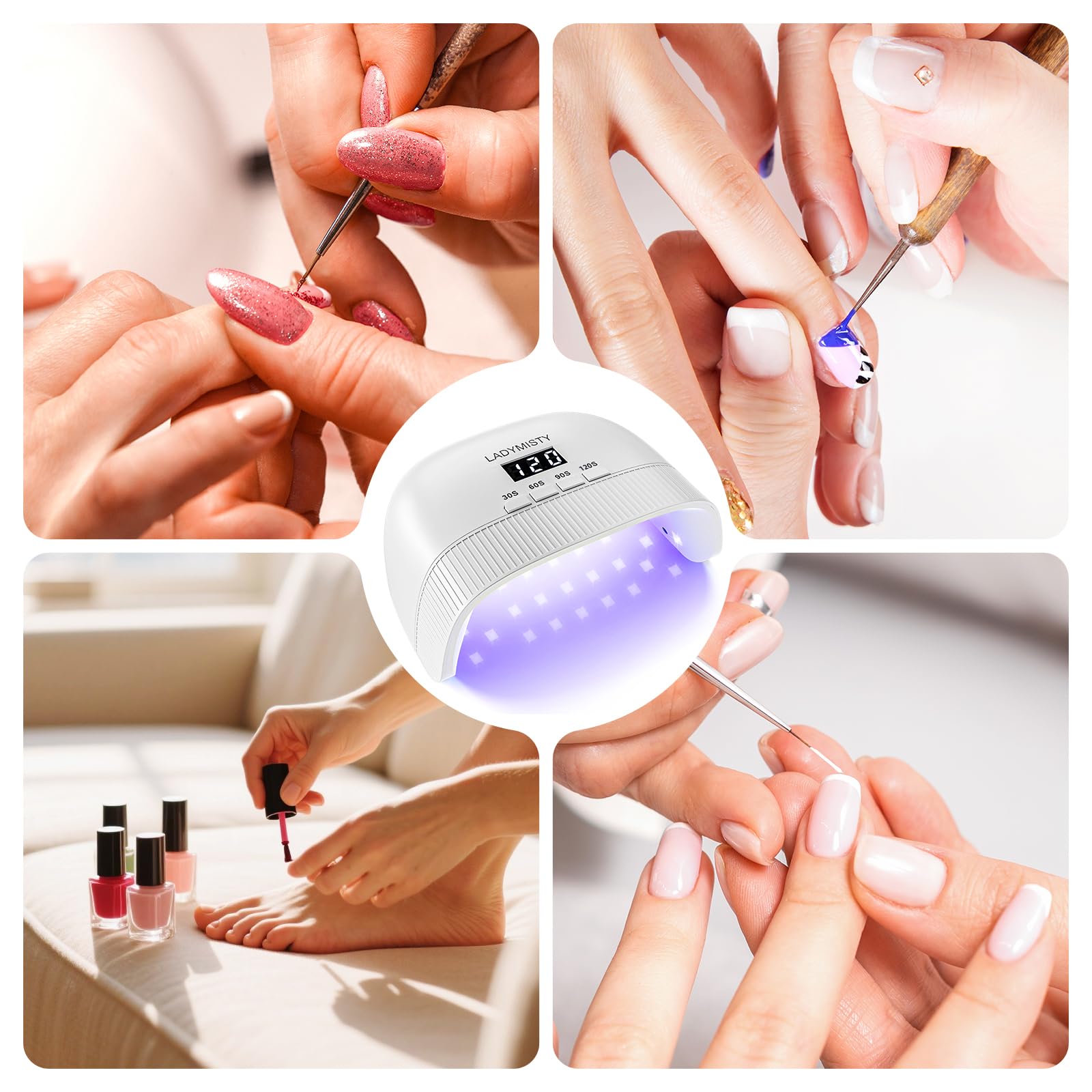 LadyMisty UV nail lamp in use demonstrating fast gel curing