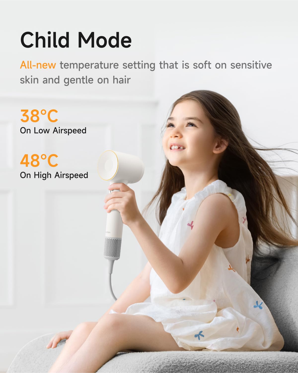 Laifen Hair Dryer SE 2 child mode demonstrates safer drying for kids