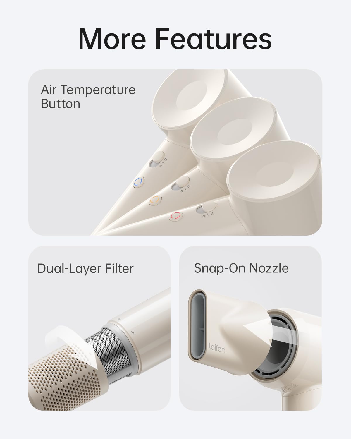 Laifen SE Lite fine mesh filter protects hair and prevents debris.