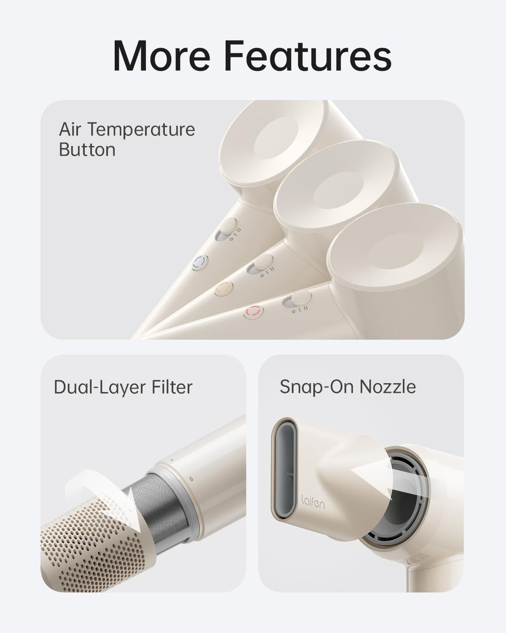 Laifen SE Lite fine mesh filter protects hair and prevents debris.