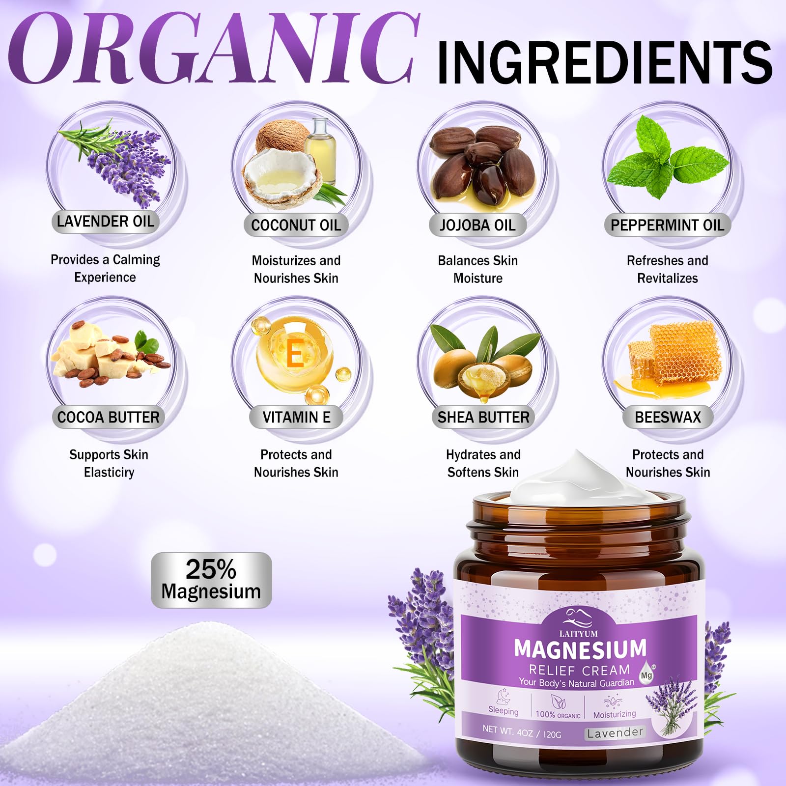 LAITYUM ingredientes naturales: magnesio y lavanda para cuidado diario.