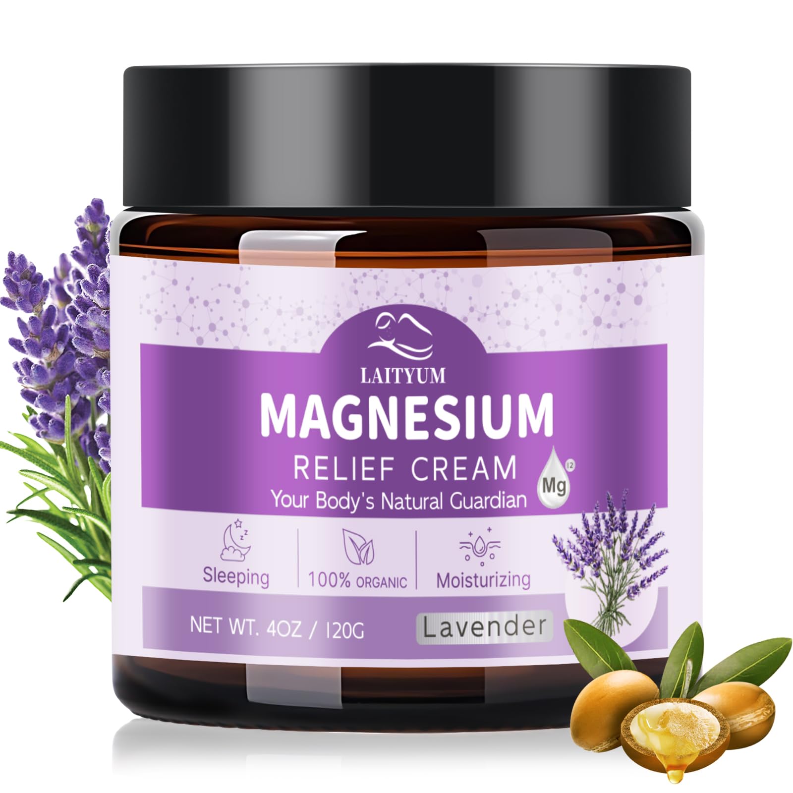 LAITYUM Loción de Magnesio con Lavanda en botella, para piel suave y relajación.