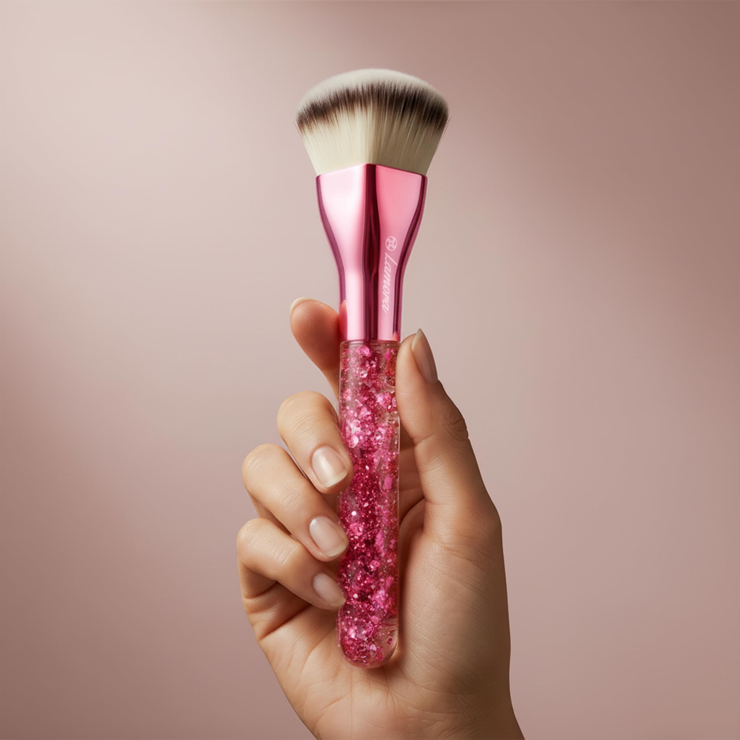 Lamora kabuki brush with dense synthetic bristles for smooth cream or powder makeup.