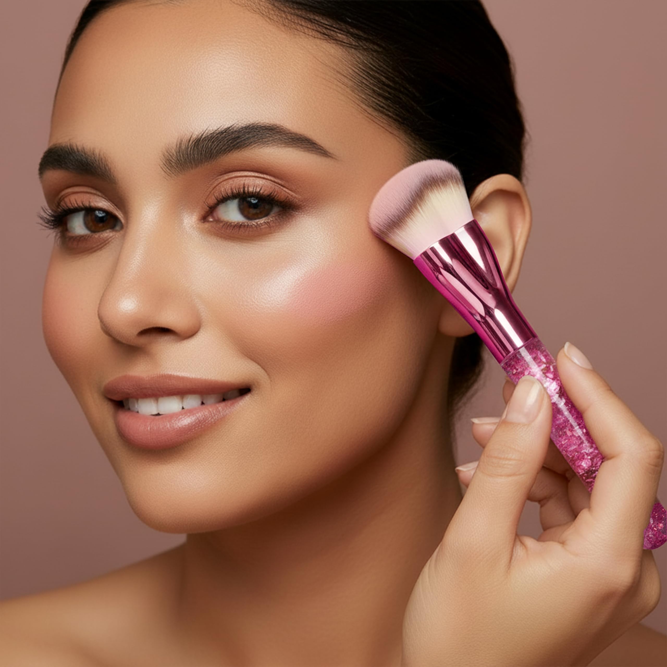 Lamora powder foundation brush achieves even, natural-looking powder application.