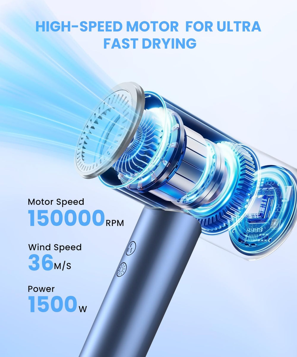 LAMPICK hair dryer motor close-up highlights high-speed performance for faster drying.